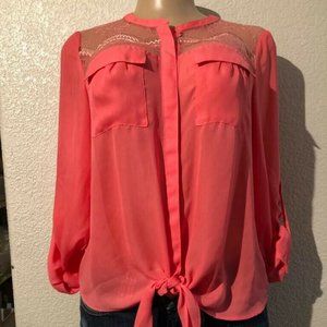 Candie's Round neck Women Size M Blouse Long Sleeve Solid Color Coral Lace C1
